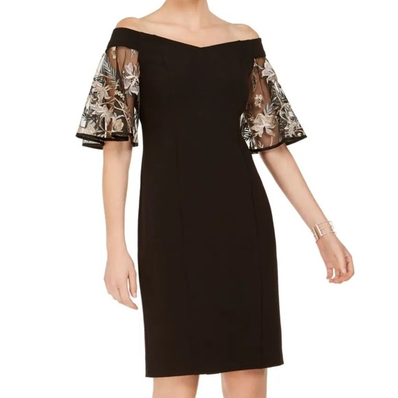 Women’s Formal Dress Size 10 MSK Black Off Shoulder Short Flutter Sleeves Gown - Picture 2 of 4